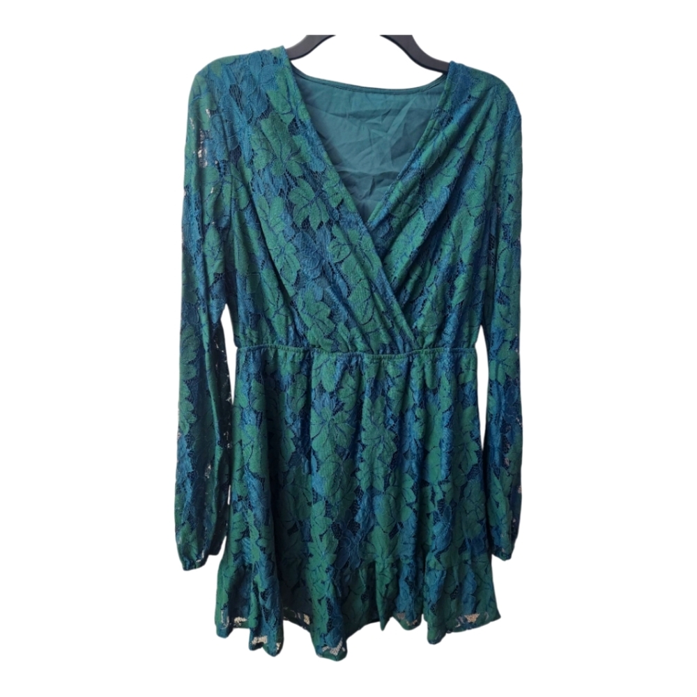 Cupshe Bathing Suit Cover Floral Lace Dress Emerald Green Long Sleeve Large